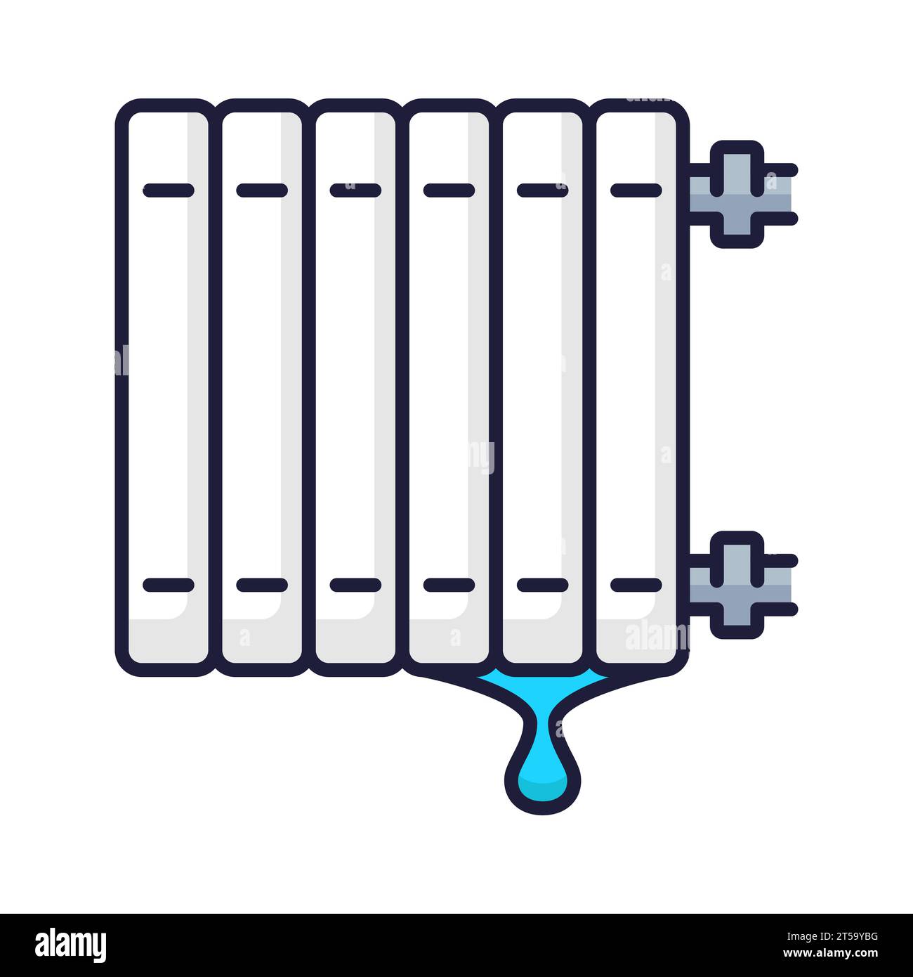 Icona di manutenzione idraulica a colori con perdite dal radiatore di riscaldamento. Toilette, tubo, problemi al bagno. Riparazione di impianti di riscaldamento, stasamento di tubi dell'acqua o manutenzione di tubazioni, icona vettoriale a linee sottili o pittogramma Illustrazione Vettoriale