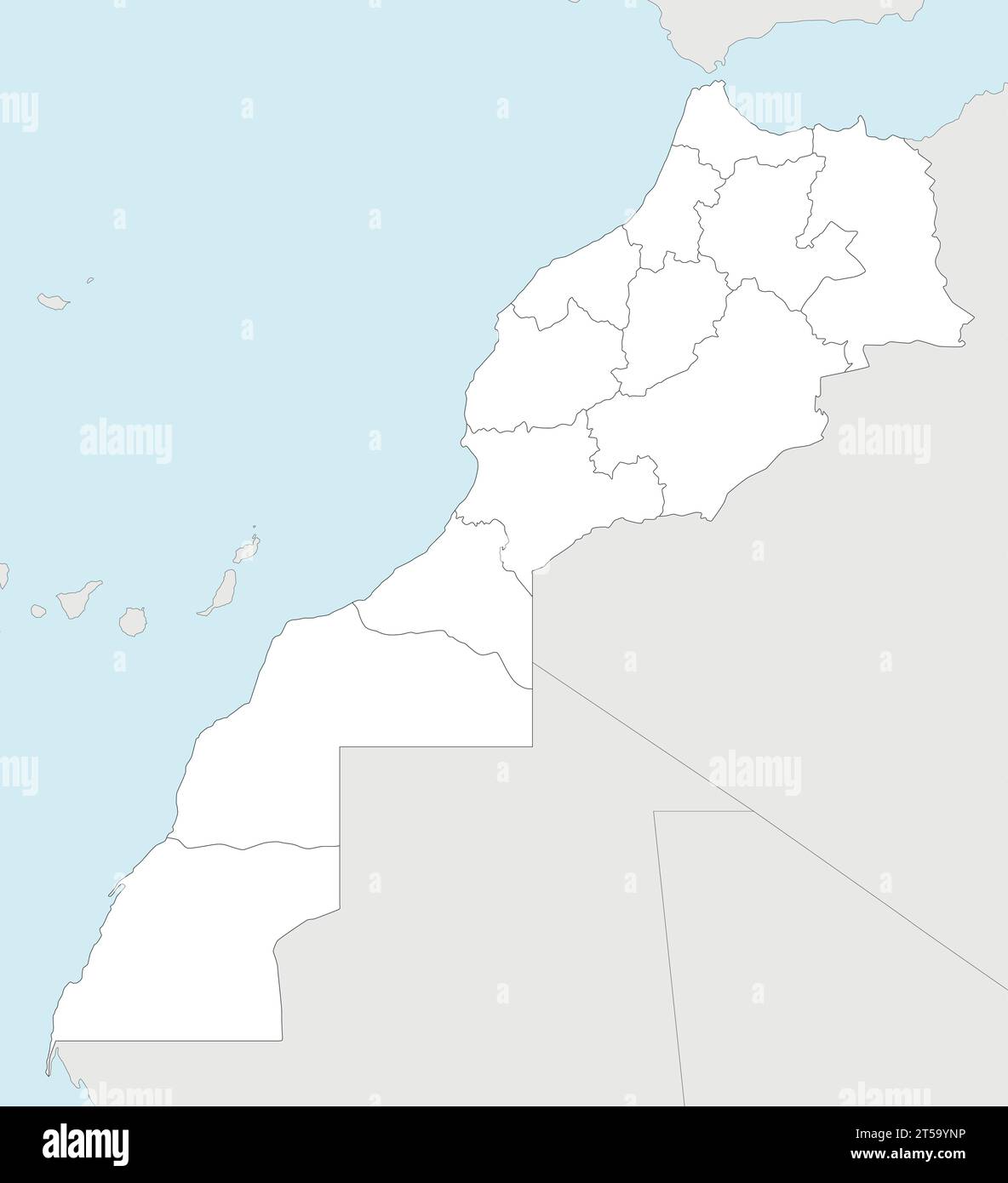 Mappa vettoriale vuota del Marocco con regioni e divisioni amministrative e paesi vicini. Livelli modificabili e chiaramente etichettati. Illustrazione Vettoriale
