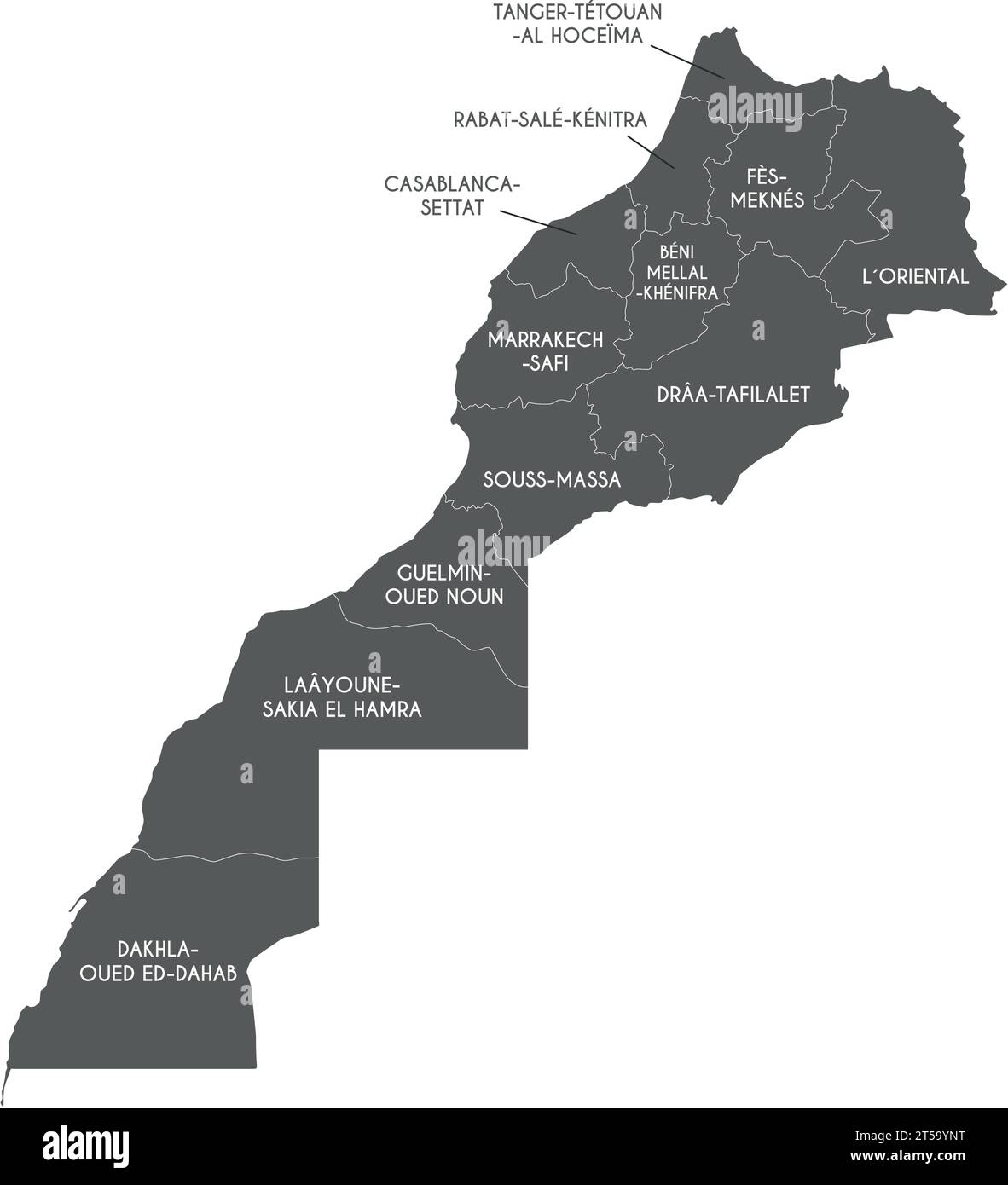 Mappa vettoriale del Marocco con regioni e divisioni amministrative. Livelli modificabili e chiaramente etichettati. Illustrazione Vettoriale