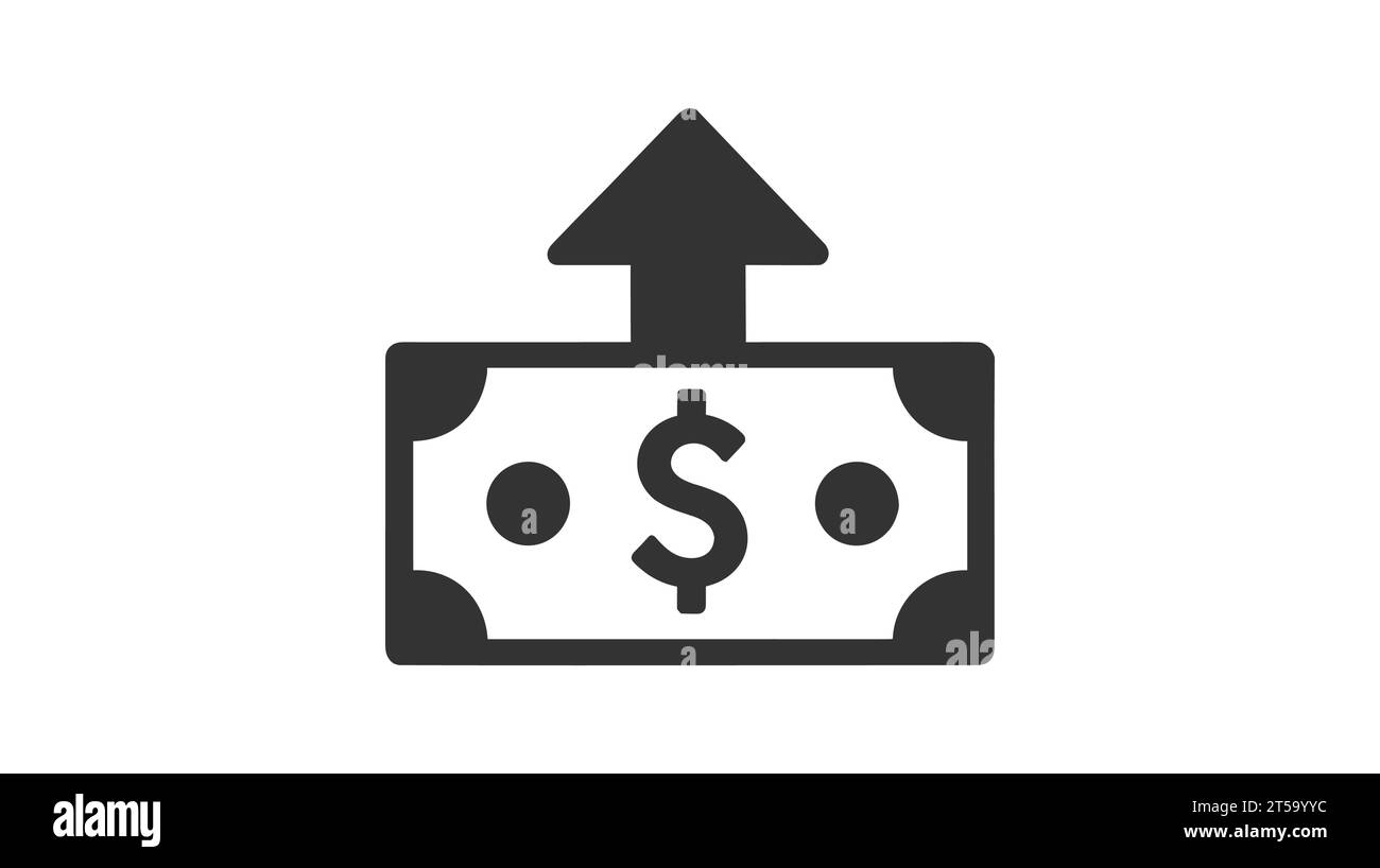 Illustrazione vettoriale con contorno nero di una banconota o cartamoneta con un simbolo del dollaro al centro e una freccia rivolta verso l'alto sopra di essa. Illustrazione Vettoriale