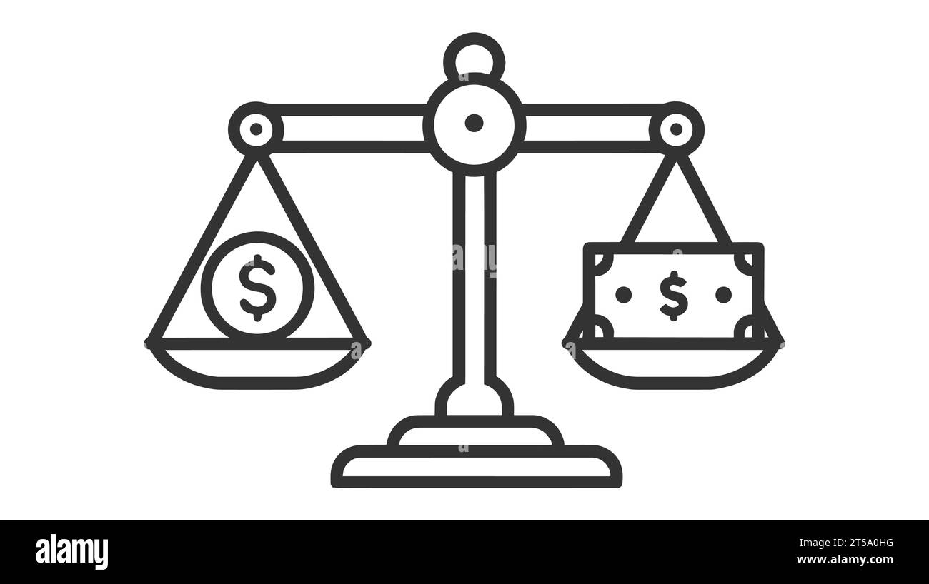 Illustrazione vettoriale di una scala di bilanciamento con una moneta da un dollaro su un lato e una banconota da un dollaro sull'altro. La scala è in equilibrio. Illustrazione Vettoriale