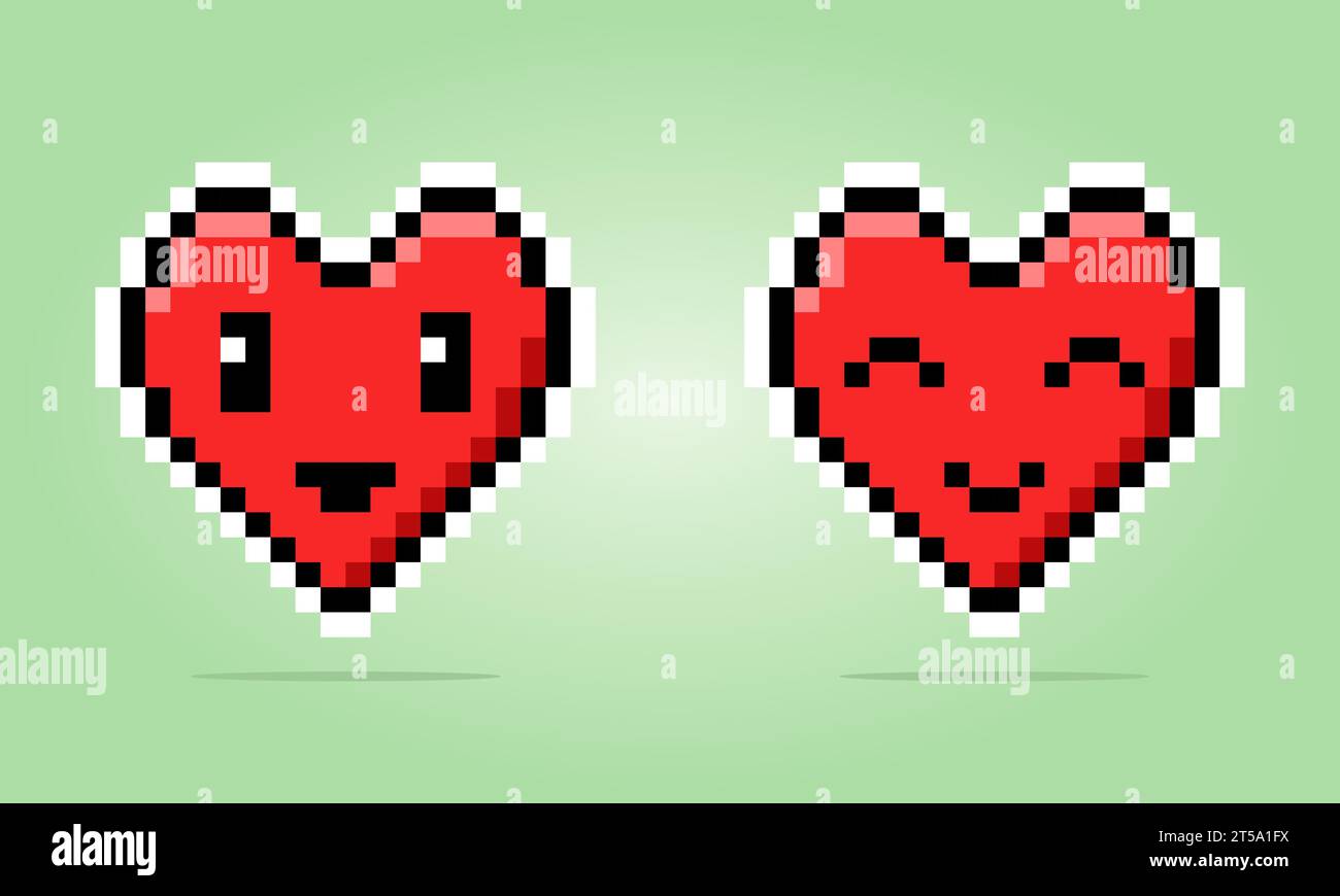 8 bit pixel a carattere cardiaco. icona amore felice e sorridente per le risorse di gioco e i motivi di cucitura incrociata nelle illustrazioni vettoriali. Illustrazione Vettoriale