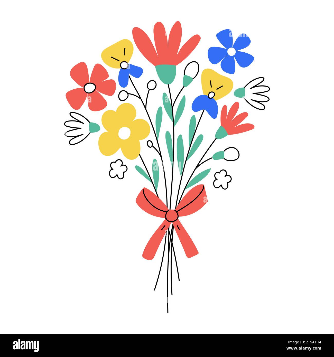 Mazzo di fiori disegnato a mano. Elemento botanico semplice. Illustrazione vettoriale piatta a colori isolata su sfondo bianco Illustrazione Vettoriale