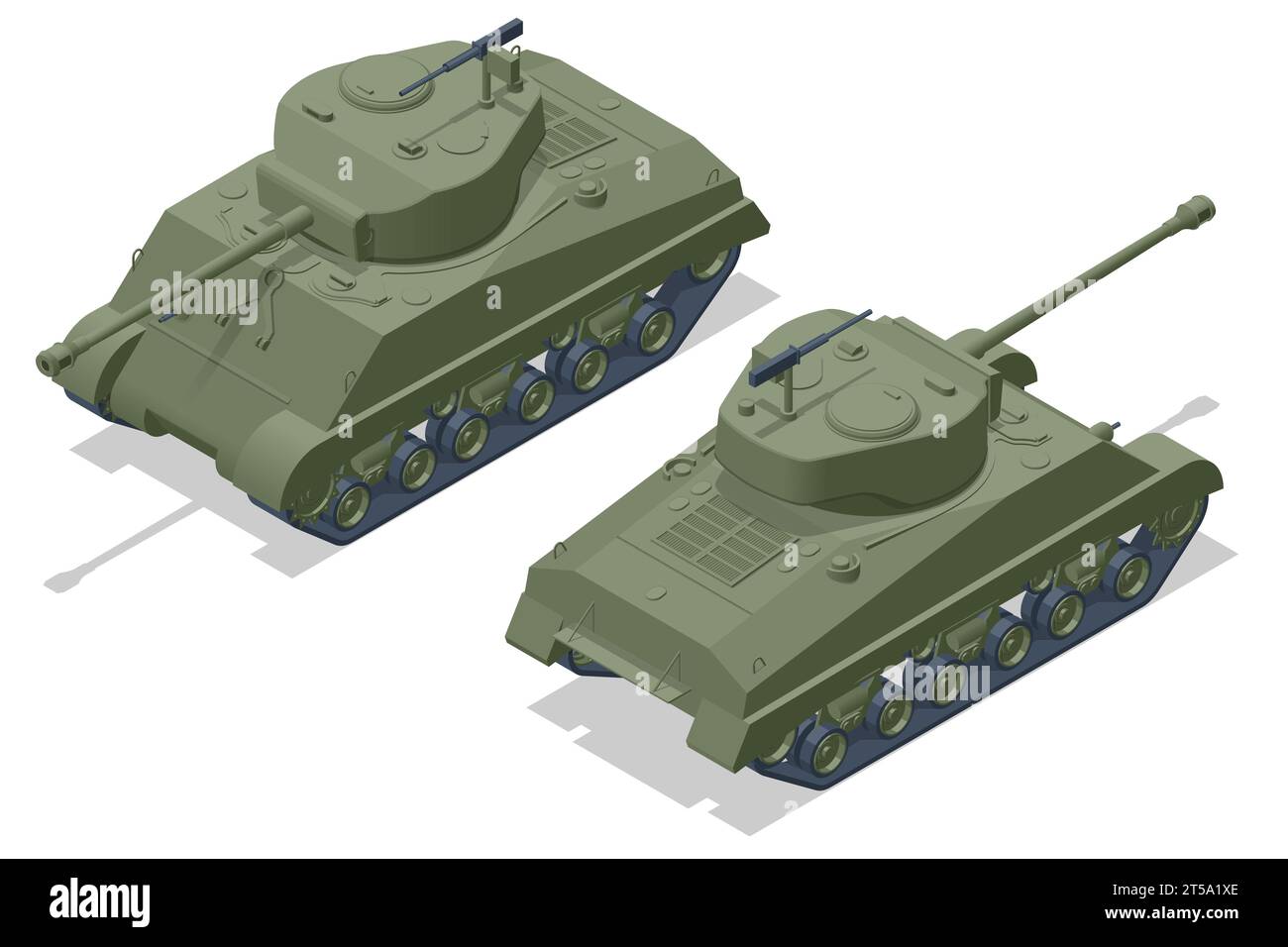 Isometric USA Tank Medium Tank M4 Sherman 76 W. Veicolo da combattimento blindato progettato per i combattimenti in prima linea, con una potenza di fuoco pesante Illustrazione Vettoriale