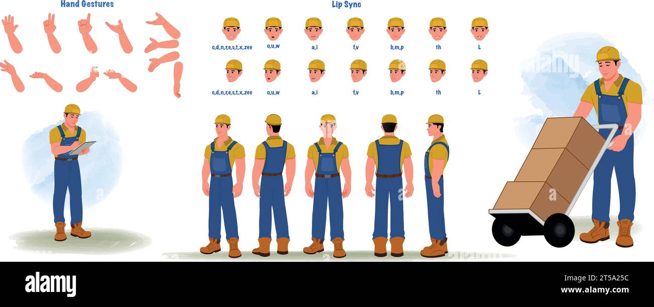 Tuta, creazione personaggi costruttore e pacchetto animazione, uomo che indossa tute con strumenti, attrezzatura, animazione bocca e sincronizzazione labbra Illustrazione Vettoriale