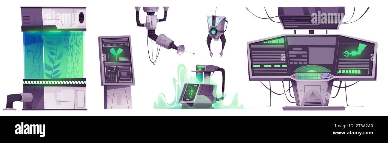 Attrezzature e macchinari per laboratori di ricerca spaziale. Elementi interni di cartoni animati per esperimenti scientifici su astronave - computer e monitor con grafici, robot e piante in capsula con liquido. Illustrazione Vettoriale