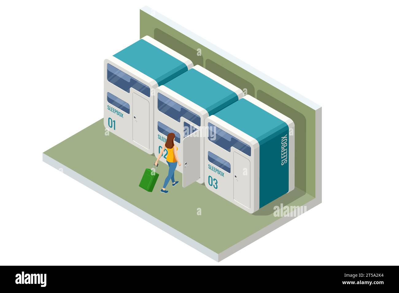 Case delle capsule isometriche per lo spazio letto. Persone che dormono nello Smart Capsule Hotel. Sleepbox. Pod addormentati Illustrazione Vettoriale