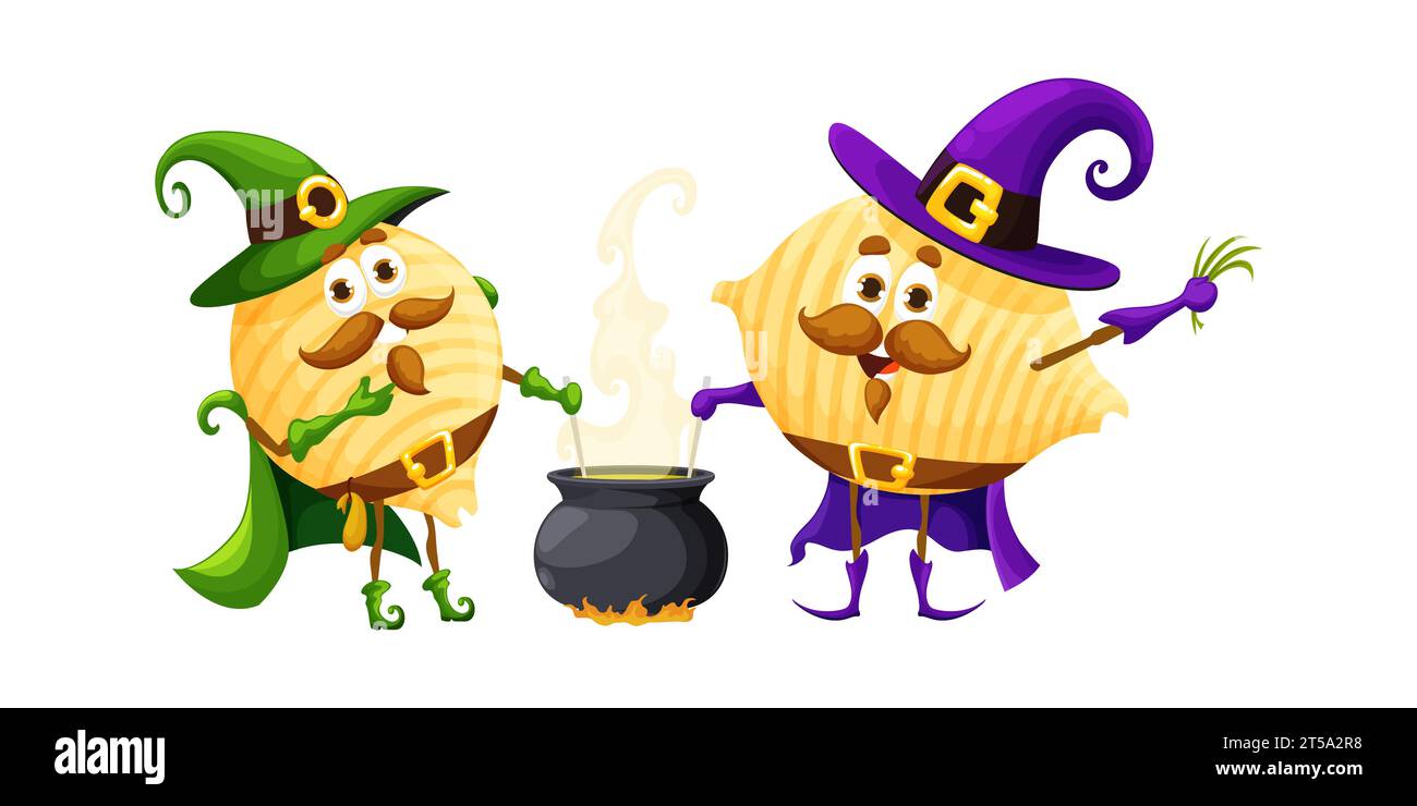 Cartone animato Halloween personaggi maghi della pasta italiana. I personaggi isolati dei maccheroni conchiglie, vestiti con costumi da strega, lanciano incantesimi e mescolano calderoni con pozione magica o birra Illustrazione Vettoriale