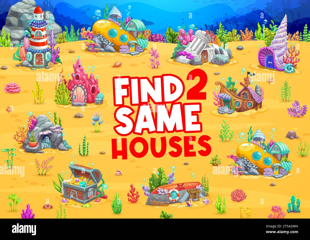 Trova due edifici sottomarini in un paesaggio da favola sul mare, un gioco a quiz vettoriale per bambini. Dimore dei cartoni animati oceanici in batiscaphe sommersi, conchiglie e barche in un puzzle game di ricerca e confronto sottomarino Illustrazione Vettoriale
