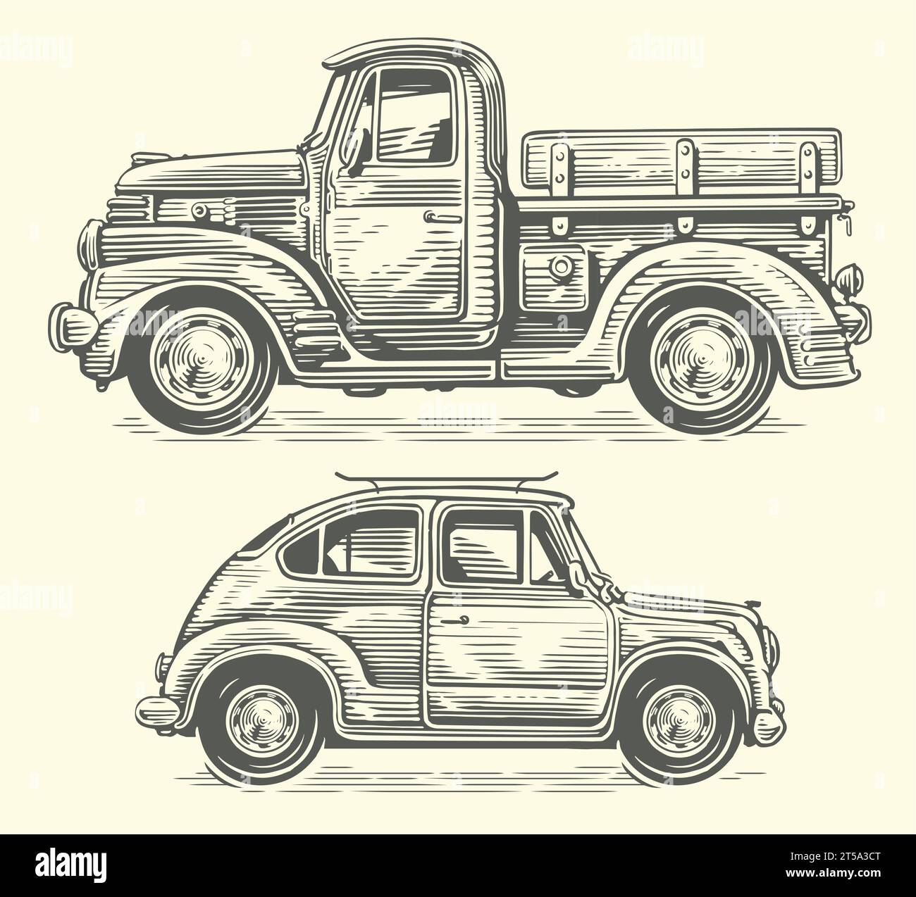 Autocarro e auto retrò disegnati a mano in stile schizzo. Illustrazione del vettore di trasporto vintage Illustrazione Vettoriale