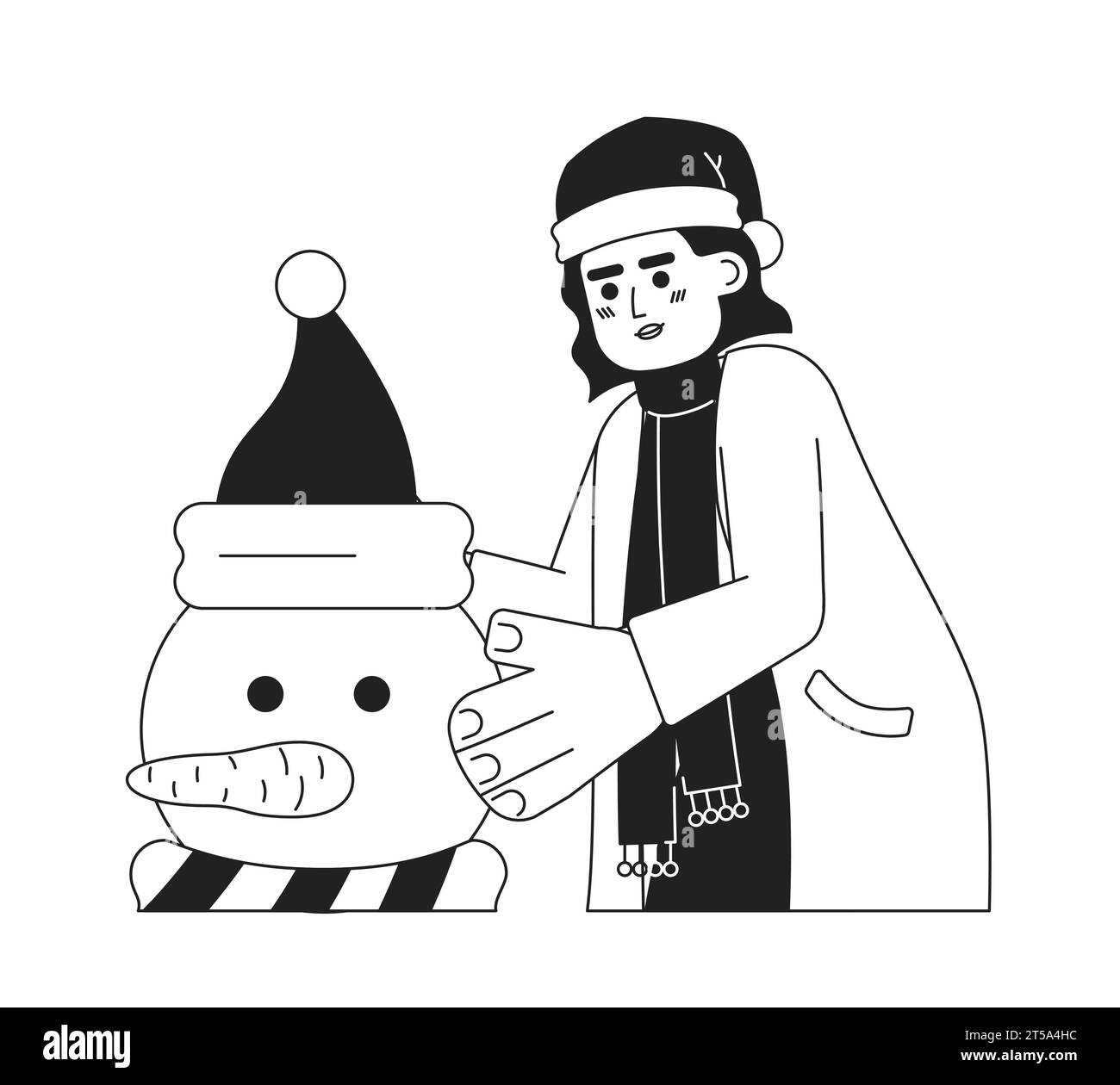 Donna del Medio Oriente che diventa pupazzo di neve in bianco e nero personaggio dei cartoni animati 2D. Illustrazione Vettoriale