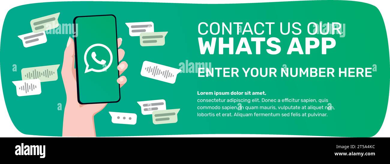 modello di banner whatsapp. Contattateci al nostro numero di app. Immagine di una mano di donna che tiene un telefono con un logotipo. Illustrazione Vettoriale