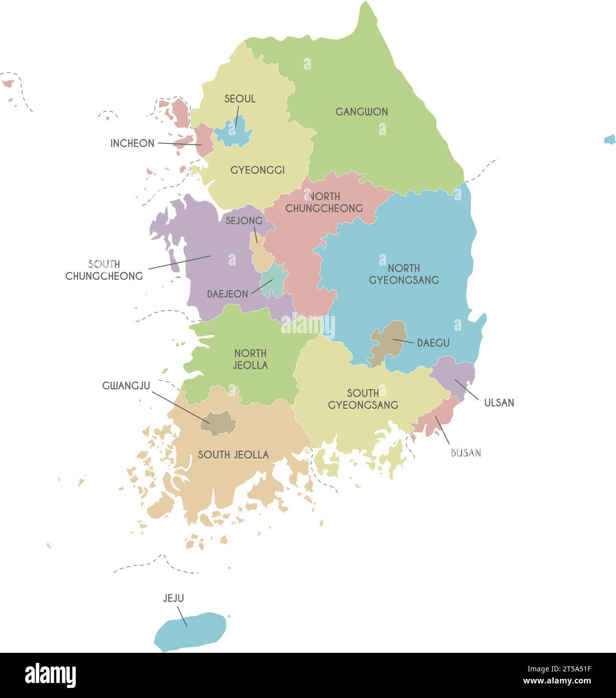 Mappa vettoriale della Corea del Sud con province, città metropolitane e divisioni amministrative. Livelli modificabili e chiaramente etichettati. Illustrazione Vettoriale