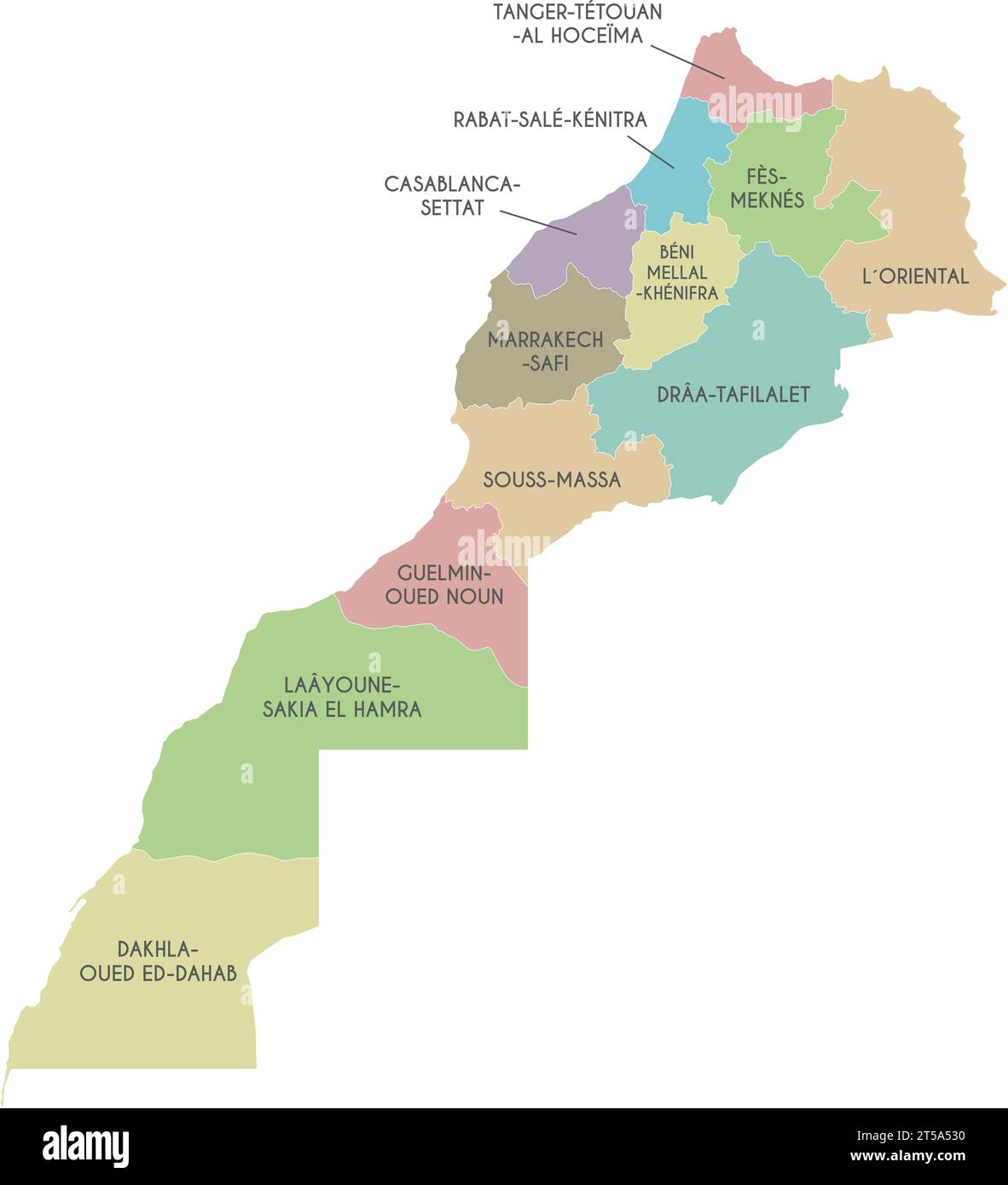 Mappa vettoriale del Marocco con regioni e divisioni amministrative. Livelli modificabili e chiaramente etichettati. Illustrazione Vettoriale