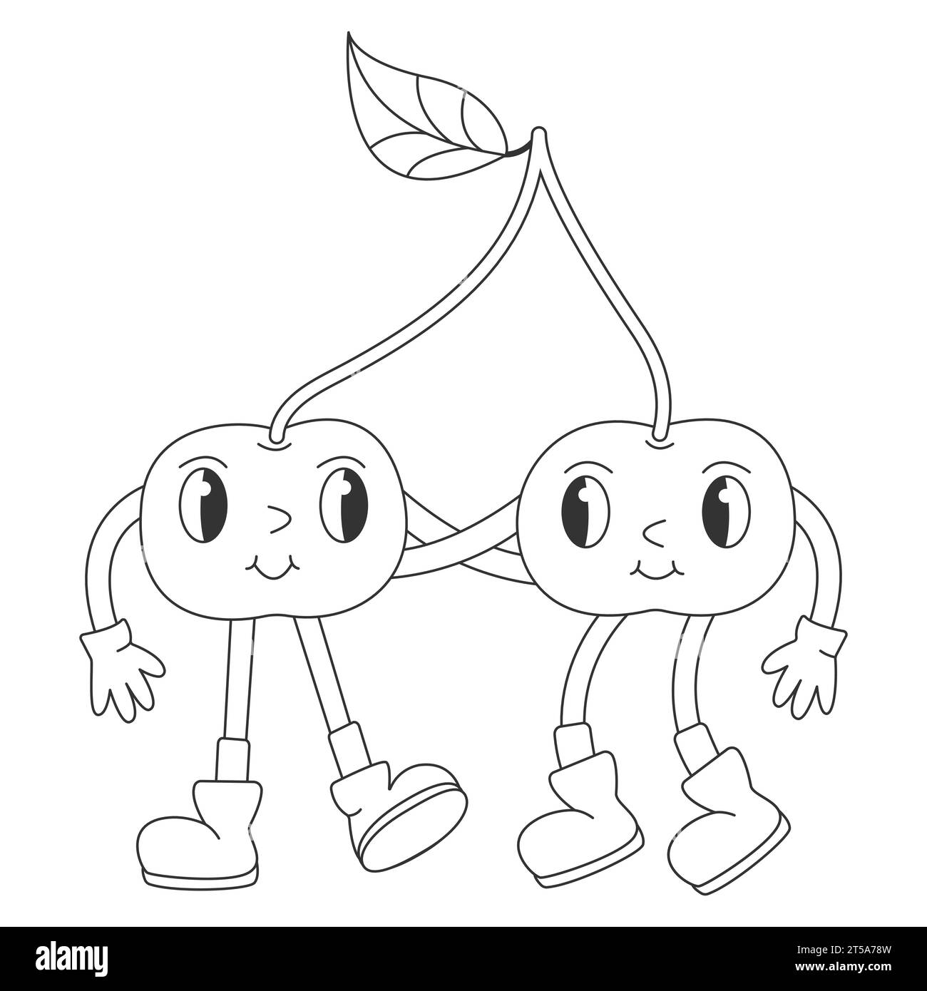 Pagina da colorare con il divertente personaggio rospo di cartoni animati Hippie Berry. Ciliegie comiche che si abbracciano. Illustrazione vettoriale estiva di Groovy. 90s Sweet Illustrazione Vettoriale