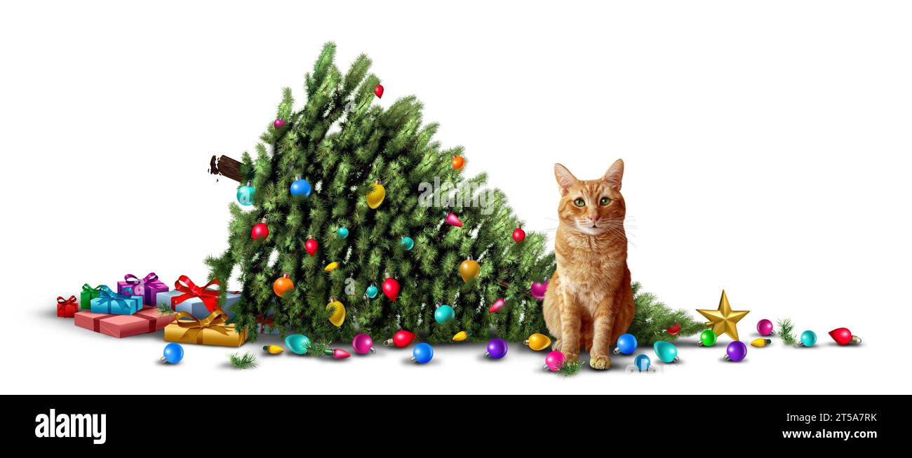 Gatto divertente e gattino malizioso come albero di Natale contrasta come un gattino natalizio umoristico con un'espressione colpevole accanto a un sempreverde decorato caduto Foto Stock