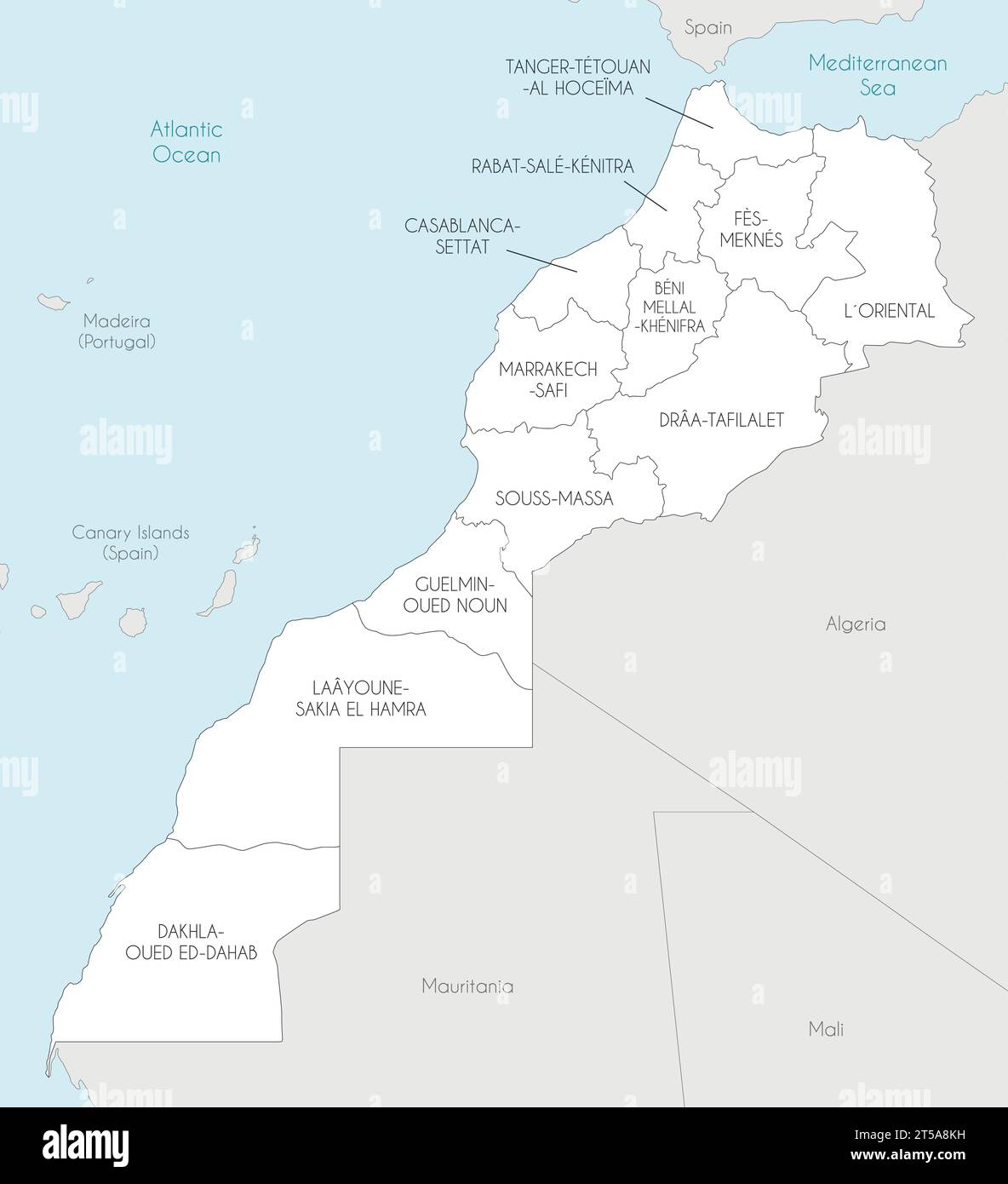 Mappa vettoriale del Marocco con regioni e divisioni amministrative e paesi vicini. Livelli modificabili e chiaramente etichettati. Illustrazione Vettoriale