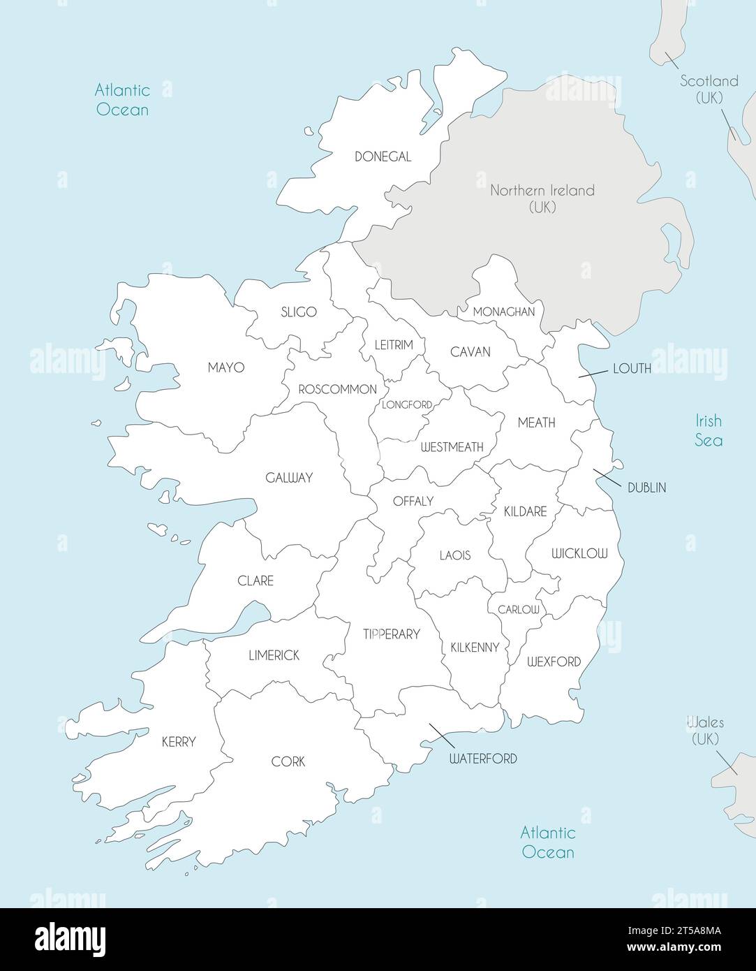 Mappa vettoriale dell'Irlanda con contee e divisioni amministrative e paesi vicini. Livelli modificabili e chiaramente etichettati. Illustrazione Vettoriale