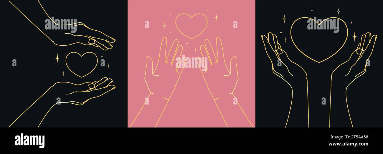 Set di mani umane con un cuore. Stemma amore e cura color oro. Simboleggia l'amore e la carità. Illustrazione vettoriale Illustrazione Vettoriale