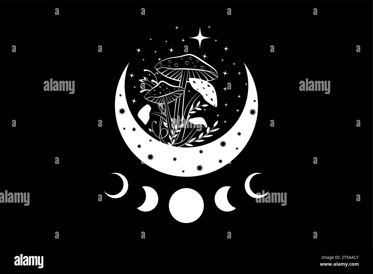 Funghi magici sciamanici, mistica Amanita Muscaria con fasi lunari e stelle. Simbolo della luna a mezzaluna stregoneria, tatuaggio con logo fungo esoterico Illustrazione Vettoriale