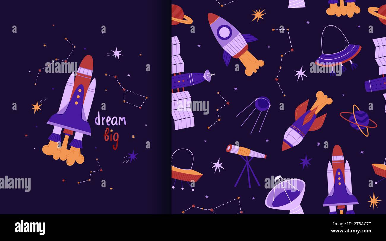 Motivo e poster cosmici senza cuciture. Razzi, stelle, satellite e UFO. Stelle, pianeti e costellazioni. Illustrazione vettoriale in stile piatto. Interna Illustrazione Vettoriale