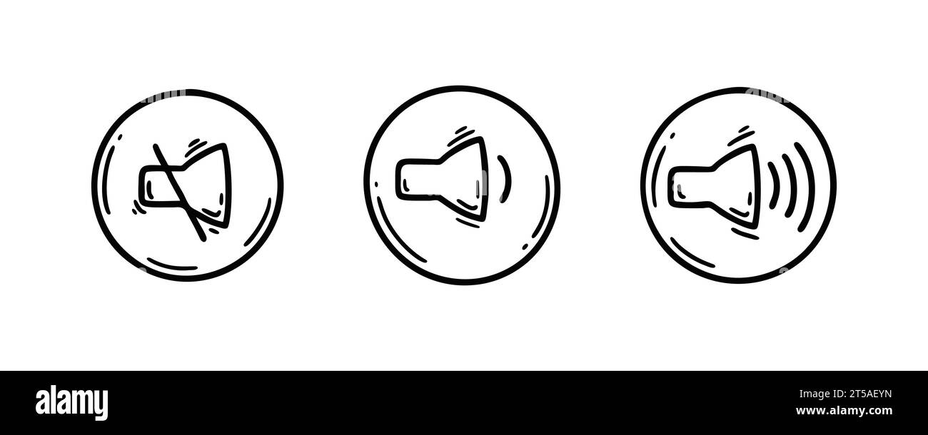 Set di icone audio Doodle. Simbolo della modalità di esclusione microfono e audio attivato. Pittogramma dello schizzo dell'altoparlante. Pulsanti di riproduzione di musica, voce, regolazione del rumore Illustrazione Vettoriale