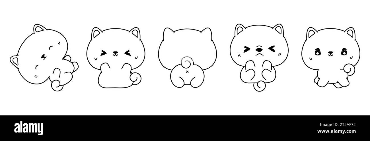 Set di Kawaii isolato Shiba Inu Dog Coloring Page. Collezione di carini cartoni animati Vector Cartoon Outline per adesivi, Baby Shower, Coloring Book, stampe Illustrazione Vettoriale