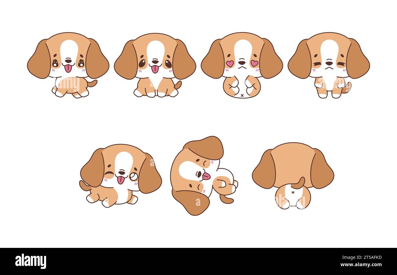 Collezione di Vector Cartoon Beagle Dog Art Set di illustrazioni Kawaii Isolated Animal per stampe di abiti, adesivi, Baby Shower, pagine da colorare Illustrazione Vettoriale