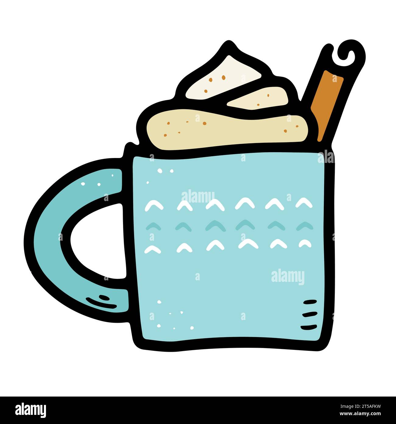 Illustrazione vettoriale di cibo scandinavo. Una tazza blu con bevanda calda, schiuma, crema, cannella. Eggnog, caffè, cacao, cioccolato, latte su bianco Illustrazione Vettoriale