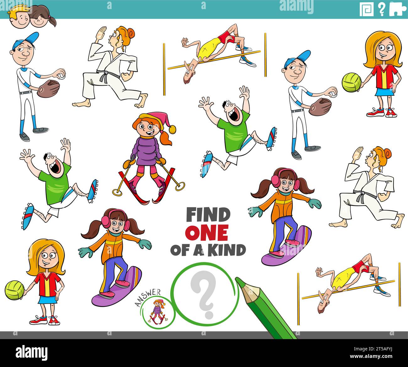 Illustrazione a cartoni animati di Find one one of a picture Educational game with Sports and People Character Illustrazione Vettoriale