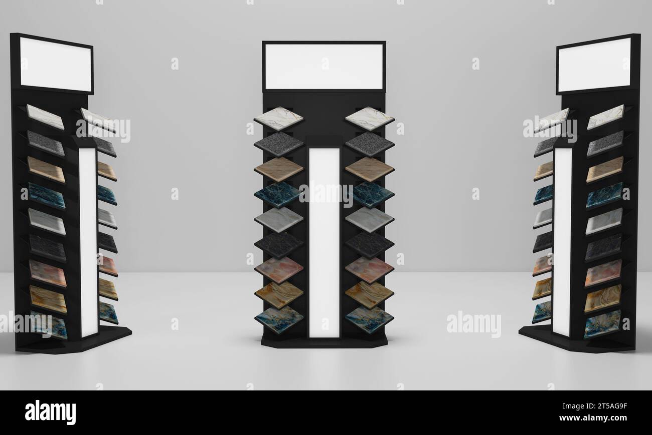 Gondola per esposizione di prodotti piastrellati o in marmo con schermo anteriore e connettore LED. Illustrazione 3D. Foto Stock
