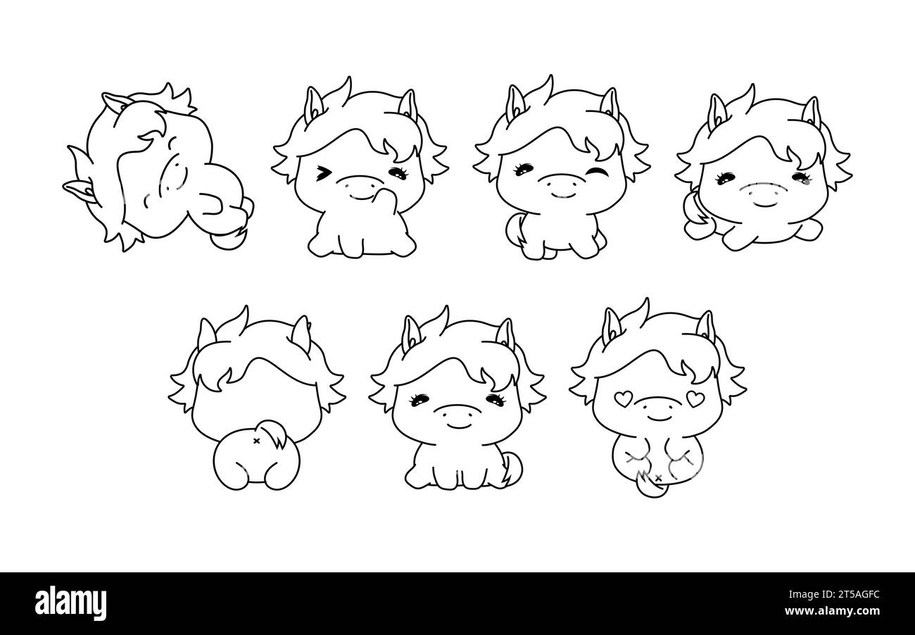 Collezione di Vector Cartoon Baby Horse Coloring Page. Set di Kawaii Isolated Baby Animal Outline per adesivi, Baby Shower, Coloring Book, stampe per Illustrazione Vettoriale