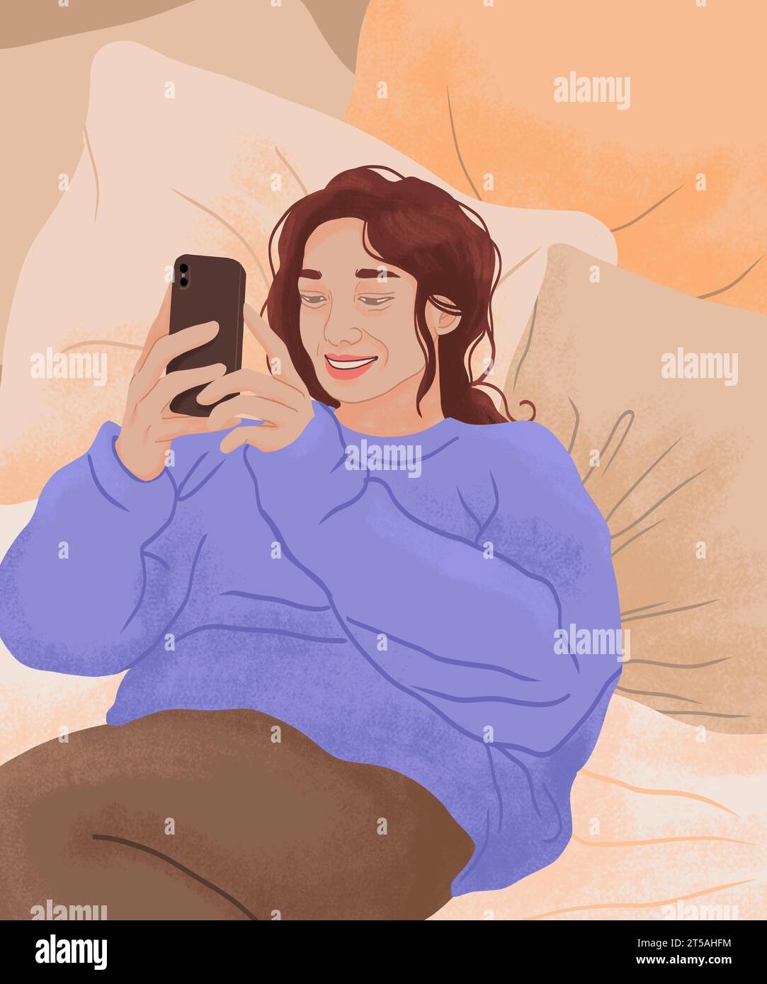 Donna sorridente che usa lo smartphone, illustrazione Foto Stock