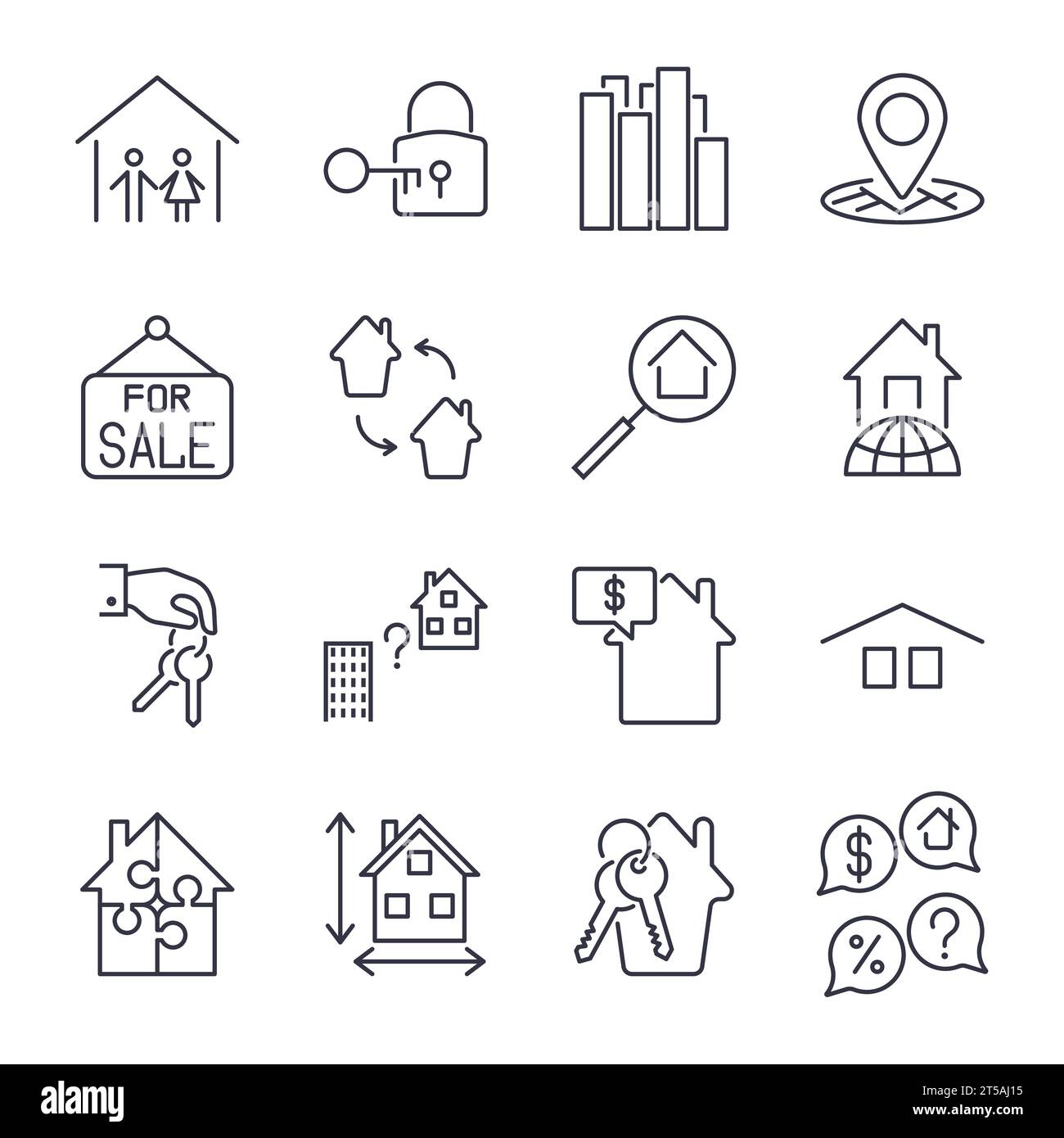 Icone sottili per gli immobili. Icone impostate con tratto modificabile Illustrazione Vettoriale