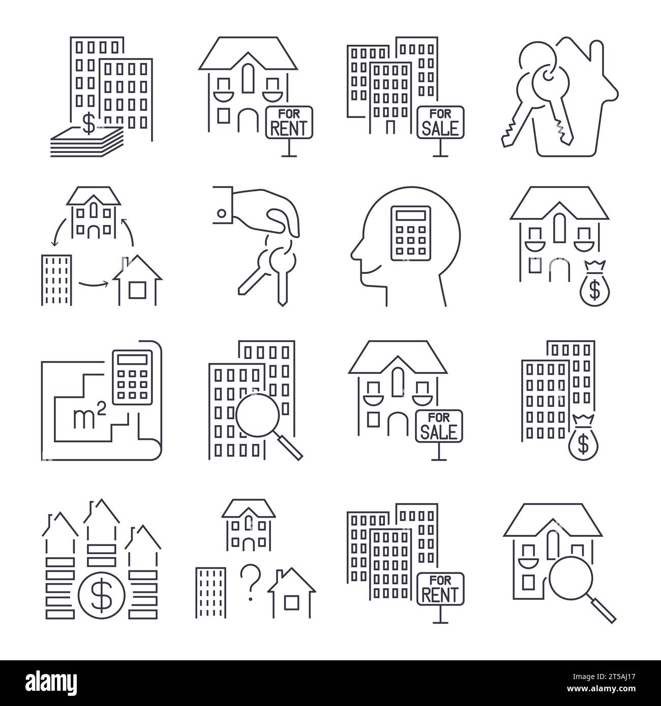 Delineare il set di icone Web - Immobiliare. Set di icone con tratto modificabile Illustrazione Vettoriale