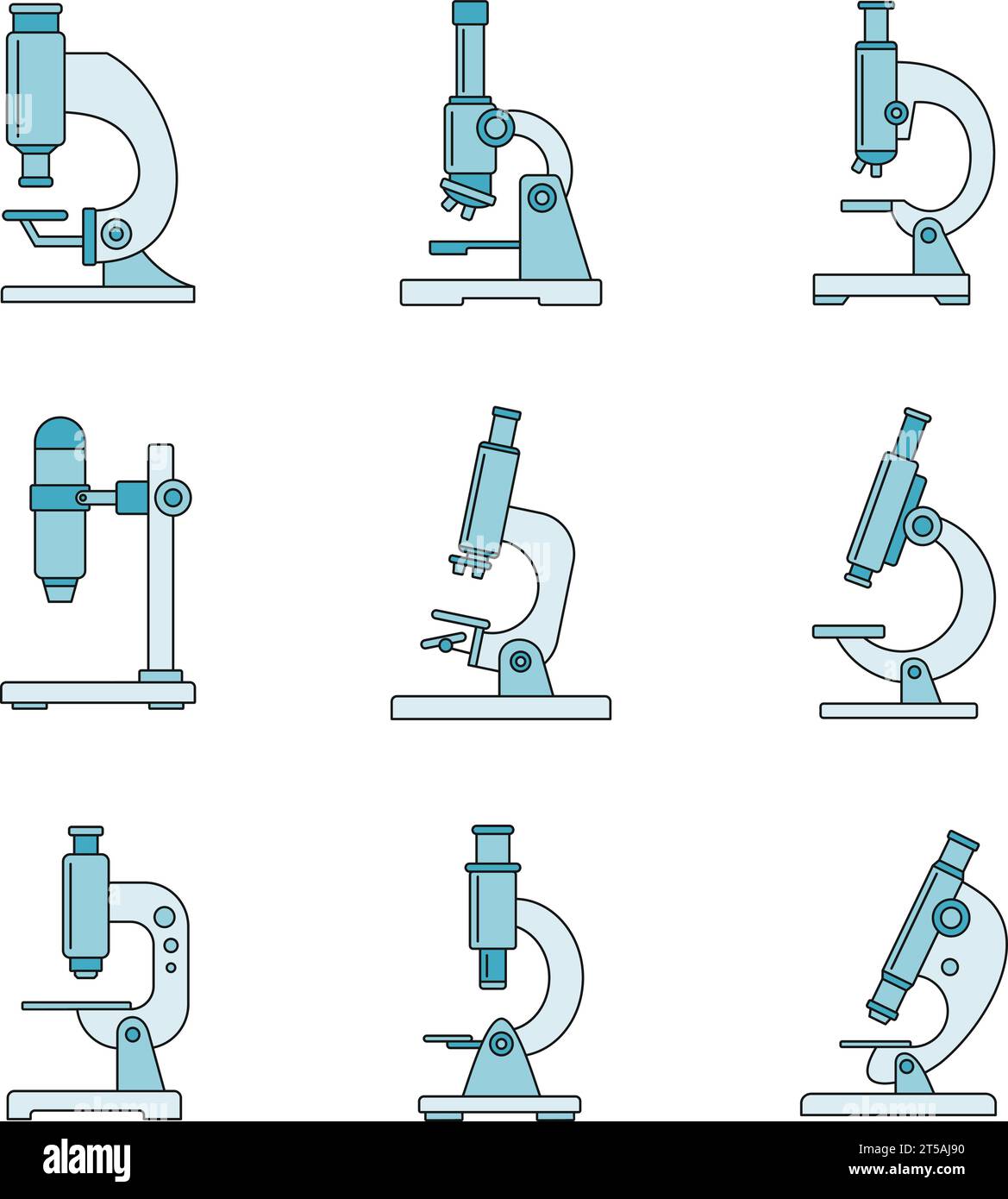 Set di icone per microscopio biologico. Set di icone vettoriali per microscopi biologici linea sottile di colore piatta su bianco Illustrazione Vettoriale
