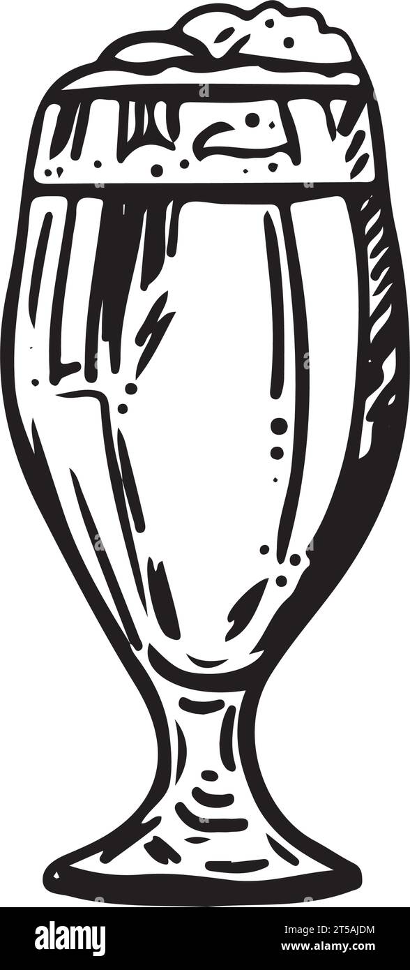 Bicchiere per birra con schiuma. Silhouette nere disegnate a mano di occhiali. Illustrazione vettoriale di bicchieri d'acqua. Stile piatto in vetro simbolo Illustrazione Vettoriale