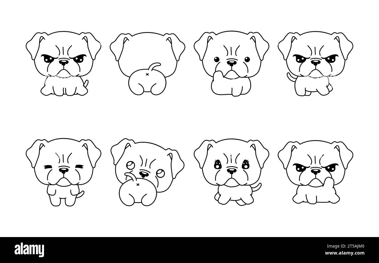 Set di Kawaii isolato Boxer Puppy Coloring Page. Collezione di simpatici disegni animali Vector Cartoon per adesivi, Baby Shower, Coloring Book, stampe Illustrazione Vettoriale