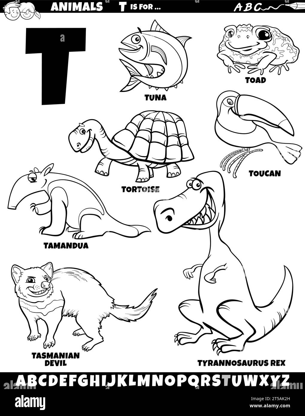 Illustrazione del cartone animato di caratteri animali impostati per la pagina di colorazione della lettera T. Illustrazione Vettoriale
