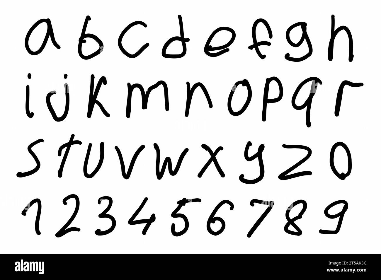 Bambino scribble nero alfabeto inglese abc caratteri latini Da A a Z e cifre da 0 a 9 impostate. Illustrazione vettoriale in stile disegnato a mano con isolamento Illustrazione Vettoriale