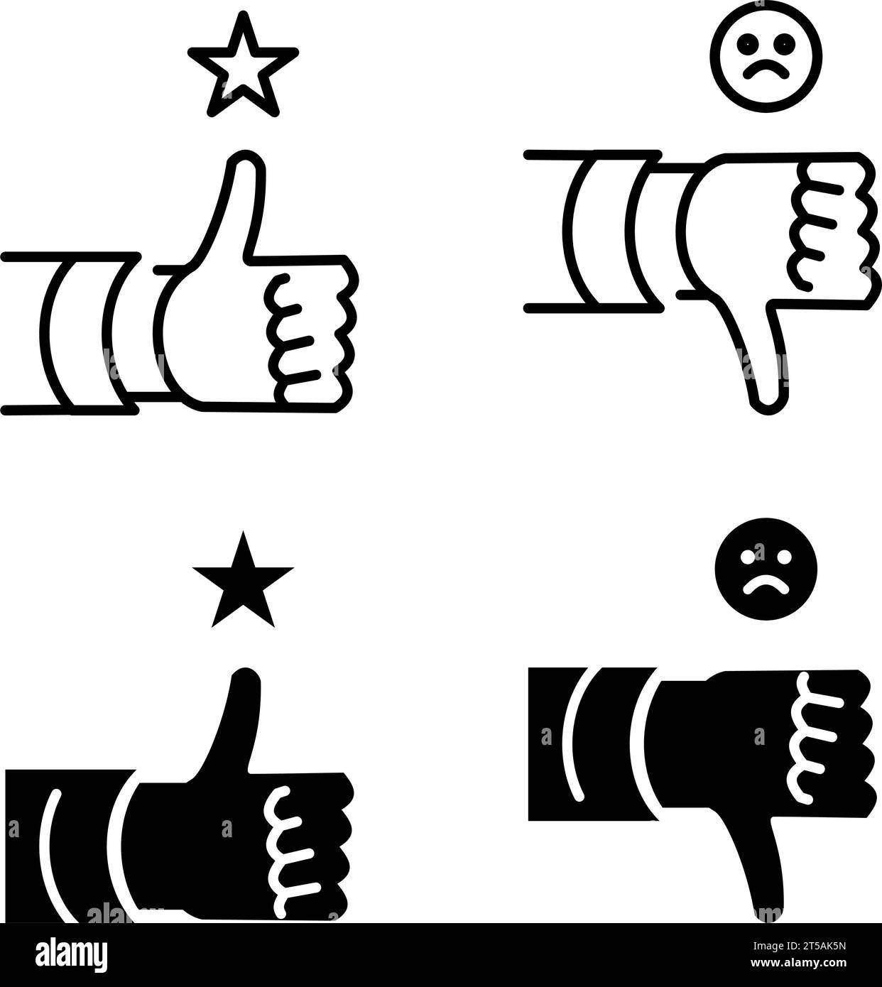 Figura illustrata insieme di icone di soddisfazione con pollice in alto e pollice in basso Illustrazione Vettoriale