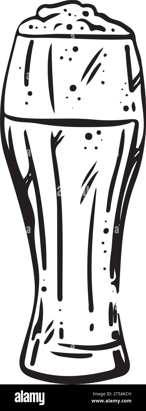 Bicchiere per birra con schiuma. Silhouette nere disegnate a mano di occhiali. Illustrazione vettoriale di bicchieri d'acqua. Stile piatto in vetro simbolo. Illustrazione Vettoriale