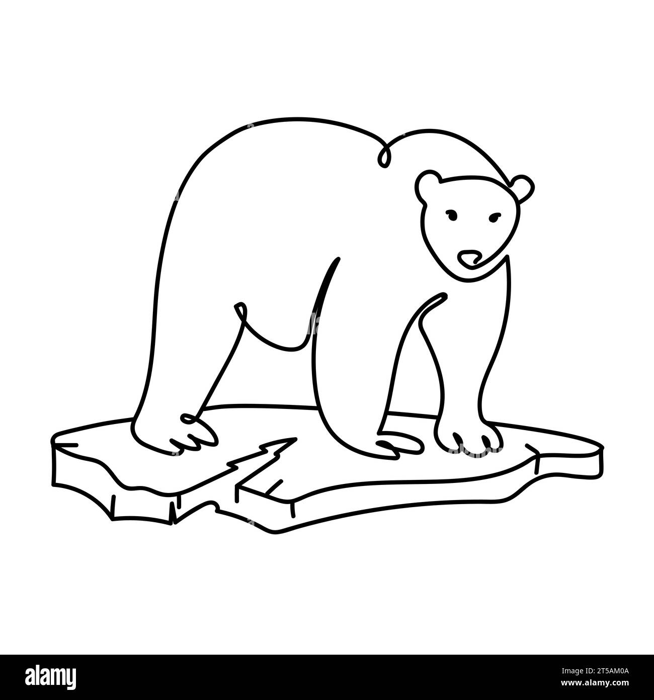 Orso polare su una pista di ghiaccio disegno artistico della linea.concetto di riscaldamento globale.orso polare semplice disegno con icona emblema.illustrazione Vector in bianco e nero Illustrazione Vettoriale