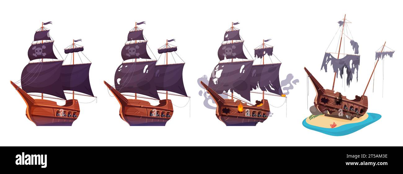 Nave pirata dopo una battaglia in mare, le fasi della storia dei danni dell'imbarcazione mostrano un'illustrazione vettoriale. Caravella corsara in legno d'epoca isolata da cartoni animati, barca a vela abbandonata con fuoco, vele rotte sull'albero e sul ponte Illustrazione Vettoriale