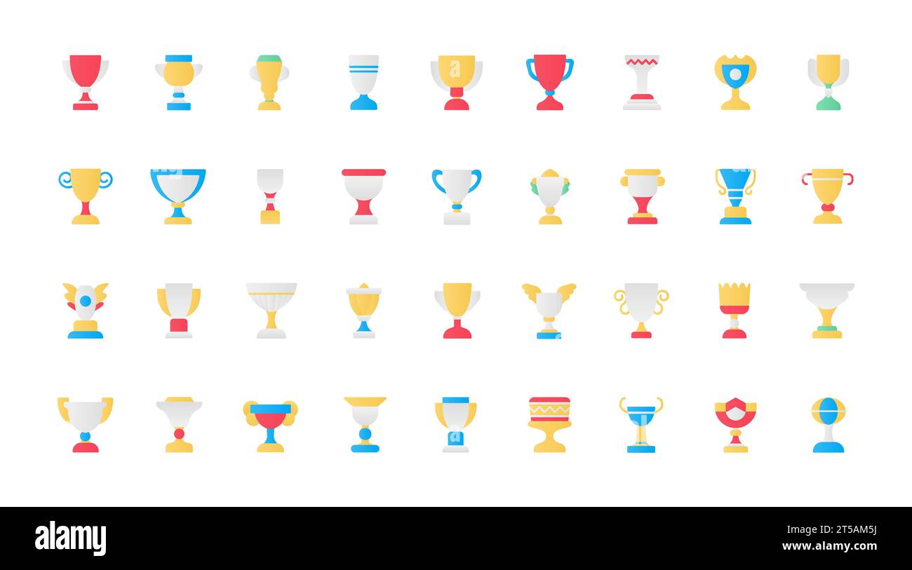 Coppe dei trofei, icone piatte premiate con illustrazioni vettoriali. Collezione di simboli dei trofei astratti, ricompensa per i campioni sportivi e i vincitori di un campionato, premio calice per una squadra di calcio. Illustrazione Vettoriale