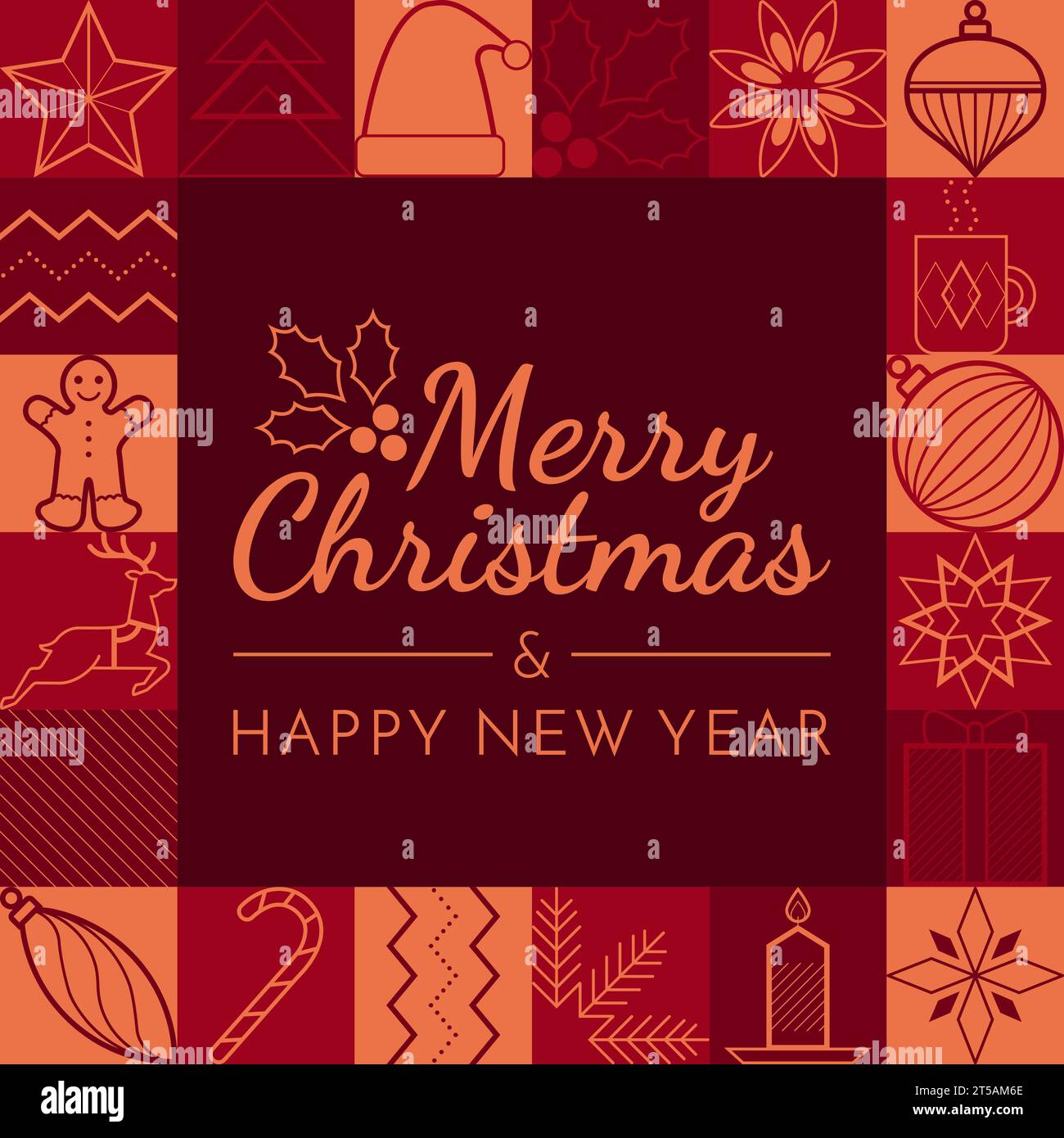 Cartolina natalizia e vacanze invernali con auguri e icone decorative vettoriali, spazio copia Illustrazione Vettoriale
