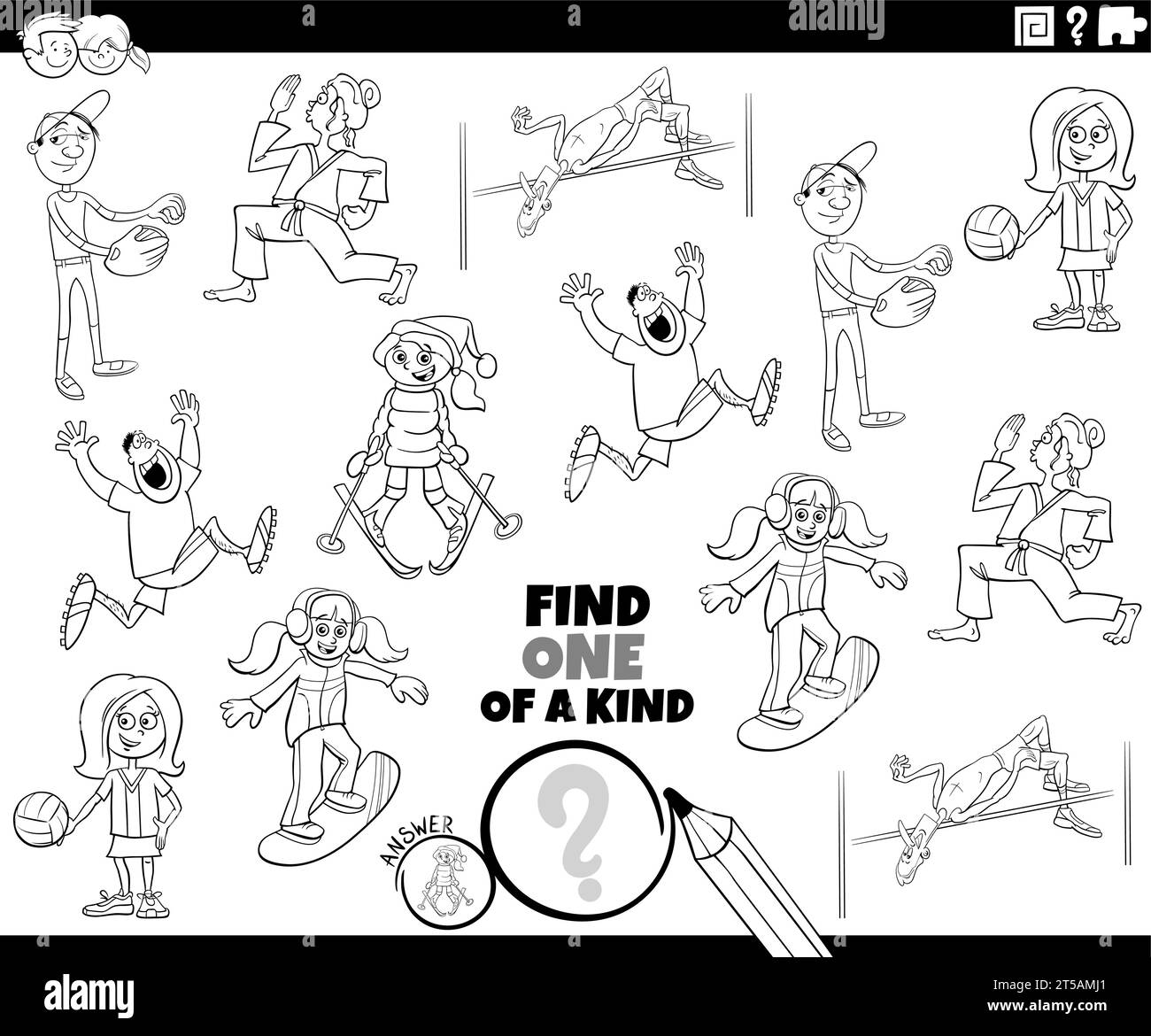 Illustrazione di cartoni animati in bianco e nero che mostra come trovare un gioco educativo unico nel suo genere con personaggi sportivi e persone da colorare Illustrazione Vettoriale