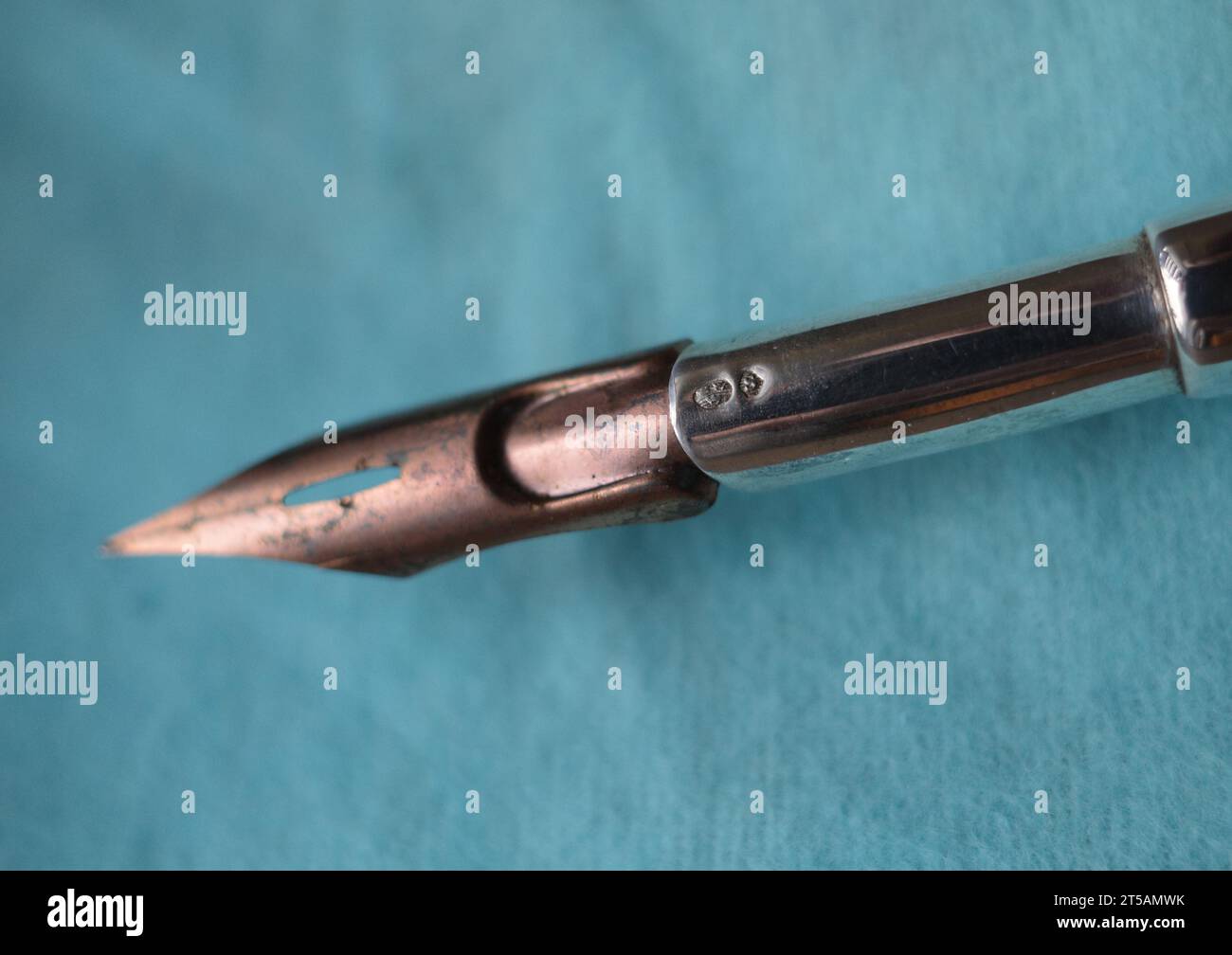 Primo piano di una penna color rame. Il portabagagli è in vero argento, che si vede dal segno argenteo S. il segno argentato con tre corone indica Foto Stock