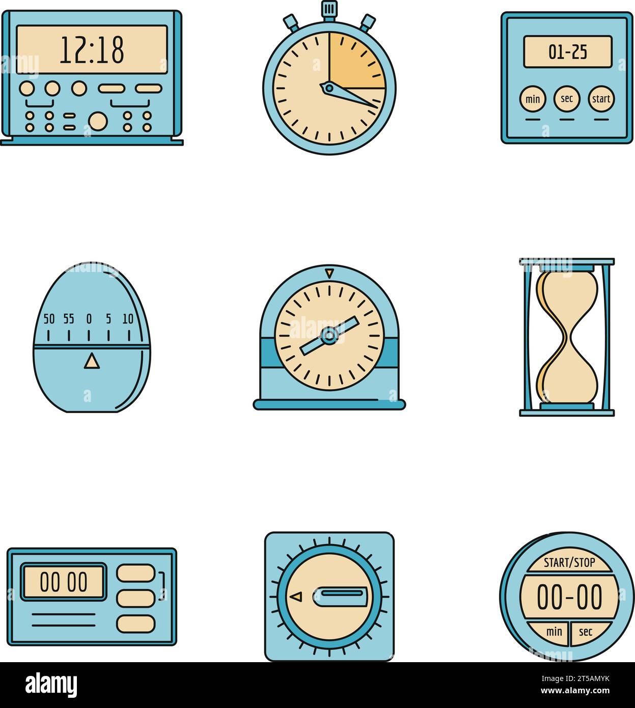 Set di icone del timer della cucina. Illustrazione di 9 icone del timer della cucina con linea sottile piatta su bianco Illustrazione Vettoriale