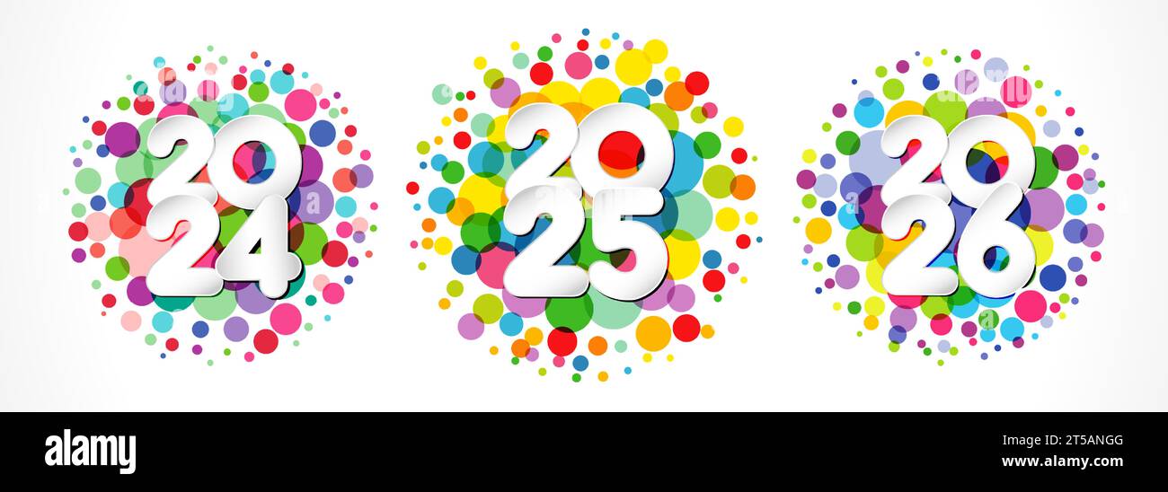 Set di icone vettoriali per il nuovo anno con texture colorata. 2024, 2025, 2026 felice anno nuovo congratulazioni creative. Sfondo colorato con effetti trasparenti Illustrazione Vettoriale
